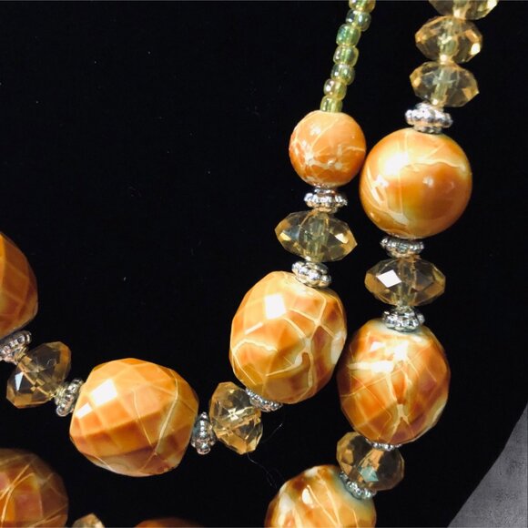 Double-Strand Beaded Necklace With Yellow & Orange Marbled Beads - Picture 2 of 3